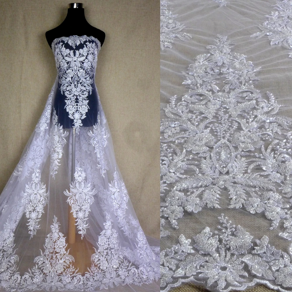 HelluyerDc Pure white&Ivory heavy beaded lace fabric,big patterns embroidery for wedding prom dress fabric by the yard