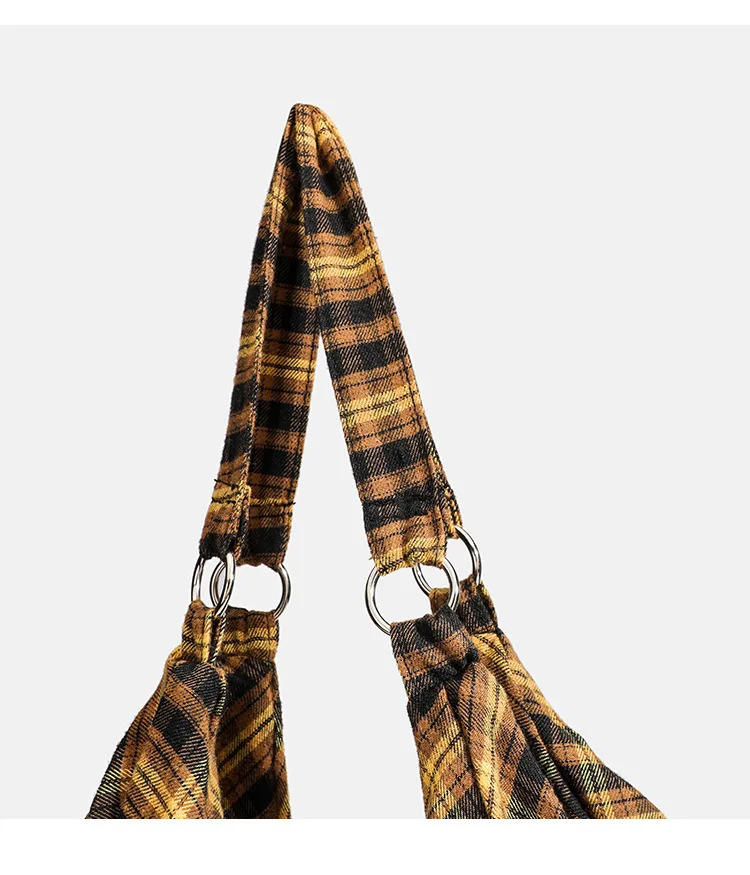 Lässige Vintage-Einkaufstasche, große Kapazität, Canvas-Tragetasche für Damen, entspannter Stil, karierte Pendler-Umhängetasche, vielseitige Reisetasche – Detail 7