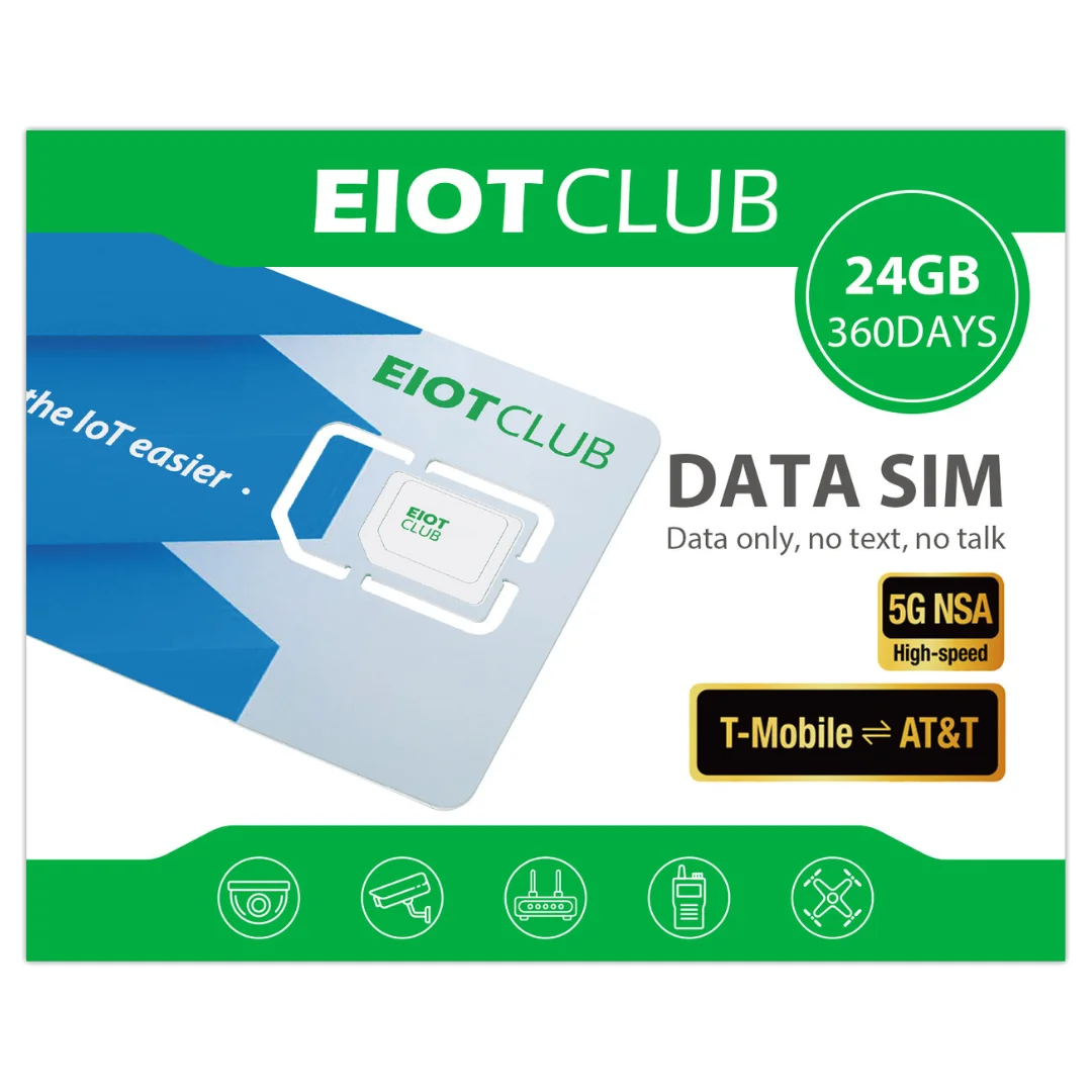 EIOTCLUB USA Prepaid Data SIM Card – 24GB/360DAY, 5G/4G LTE, AT&T and T-Mobile Coverage, Data-only SIM for Unlocked IoT Devices