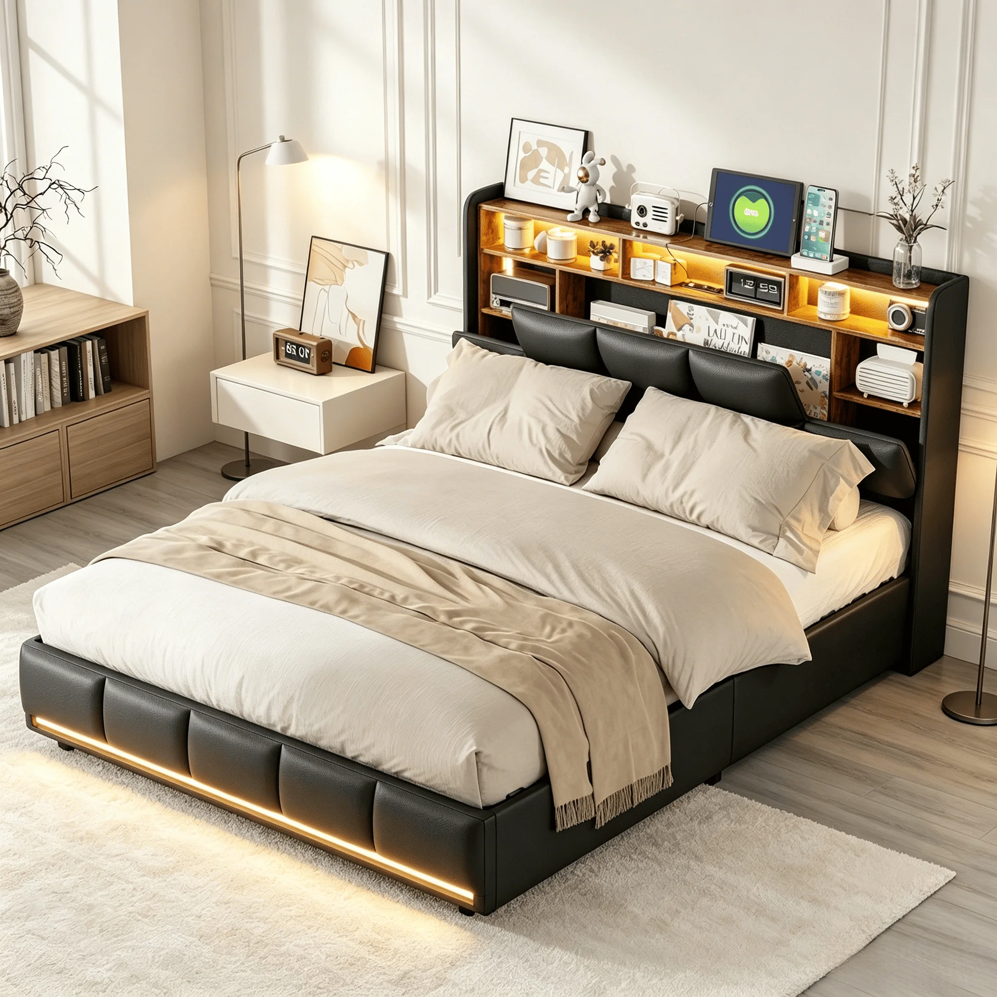 Lit double rembourré 140x190cm, lit pour adulte avec ports de charge, lit double avec éclairage LED, lit avec rangement hydraulique, tête de lit en PU, meubles de chambre à coucher