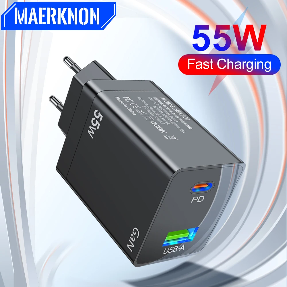 

55W USB C Charger GaN 2 Ports PD Type C Fast Charging Wall Charger For iPhone 15 Xiaomi Samsung Huawei USB Phone Charger Adapter