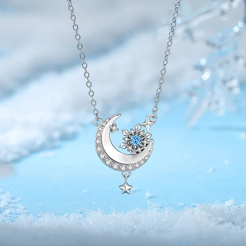 Star Moon Snowflake Necklace Sterling Silver 925 Zircon Pendant Christmas Ornaments Fashion Jewelry 2022 New Trends for Women