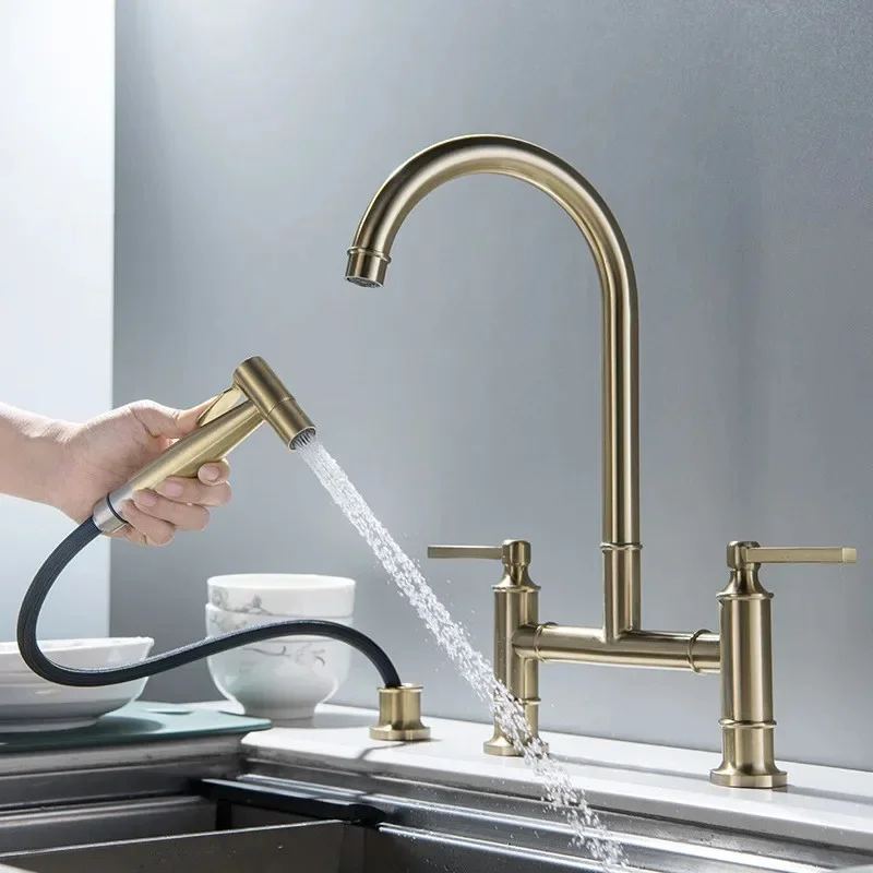 Geborsteld goud keukenkraan met handdouche kop Potvuller kraan op badrand gemonteerd warm koud zwart wastafel kraanuitloop messing - afbeelding 2