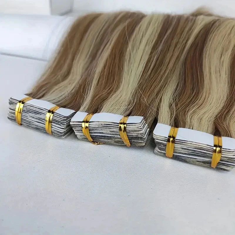 Extensiones de cabello de cinta en 100%, extensiones de cabello humano, cinta de trama de piel sin costuras, # P8/613, cabello virgen de 16-26