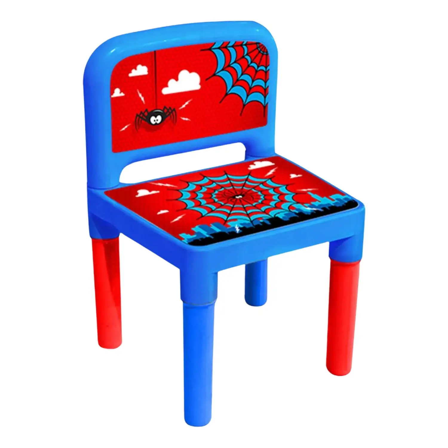 Children's Plastic Chair With Red and Blue Spider Design for Studying, Playing, Eating