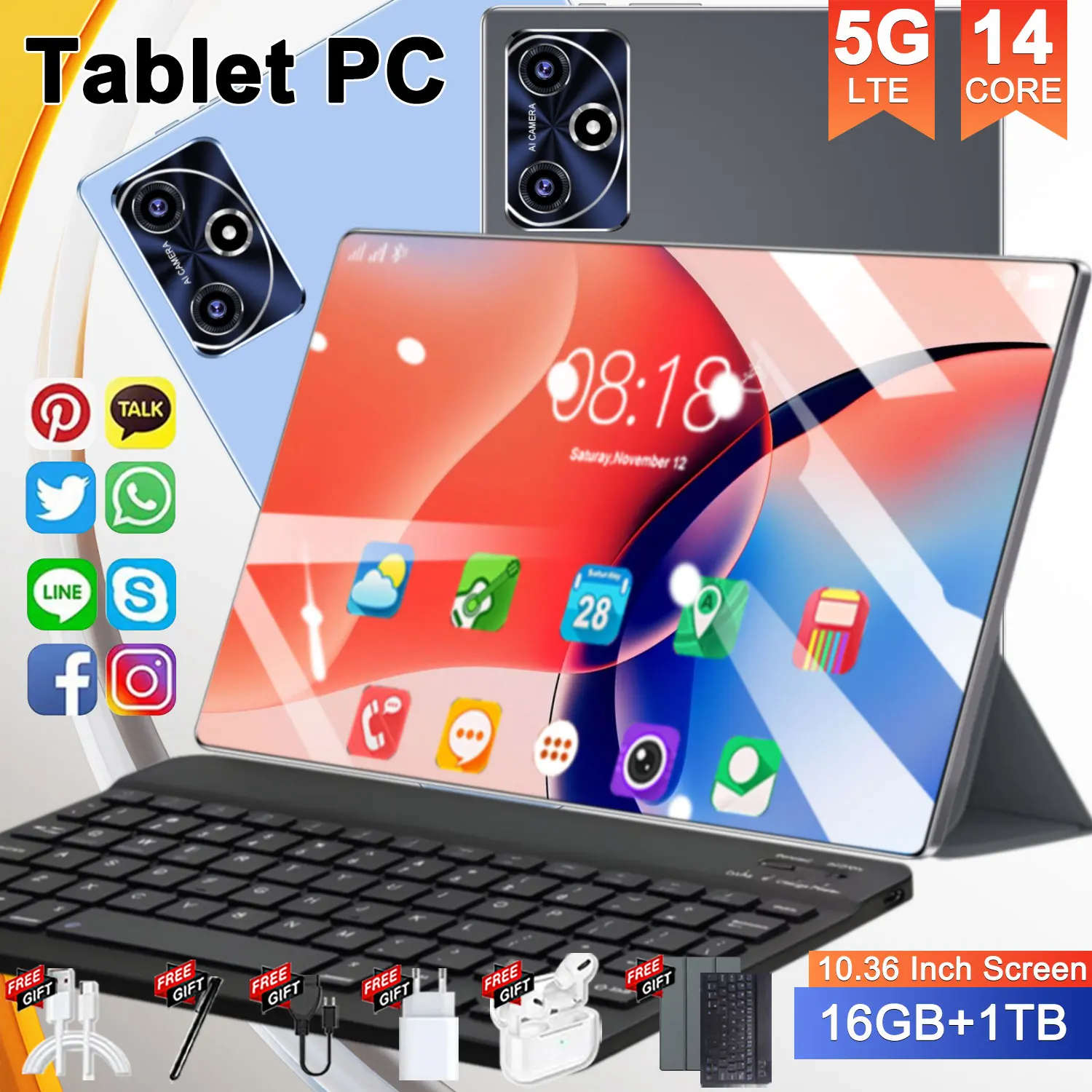 Tabletas PC de 10.36 Pulgadas, 16GB de RAM, 1TB de ROM, 20000mAh, Android 13.0, Red WiFi 5G, 14 Núcleos, Doble Tarjeta SIM