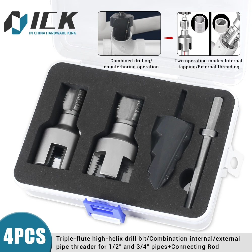 

Multi-Function Pipe Threader&Drill Kit - Internal/External Threading & Triple-Flute Counterbore for 1/2" 3/4" (DN15 DN20) Pipes