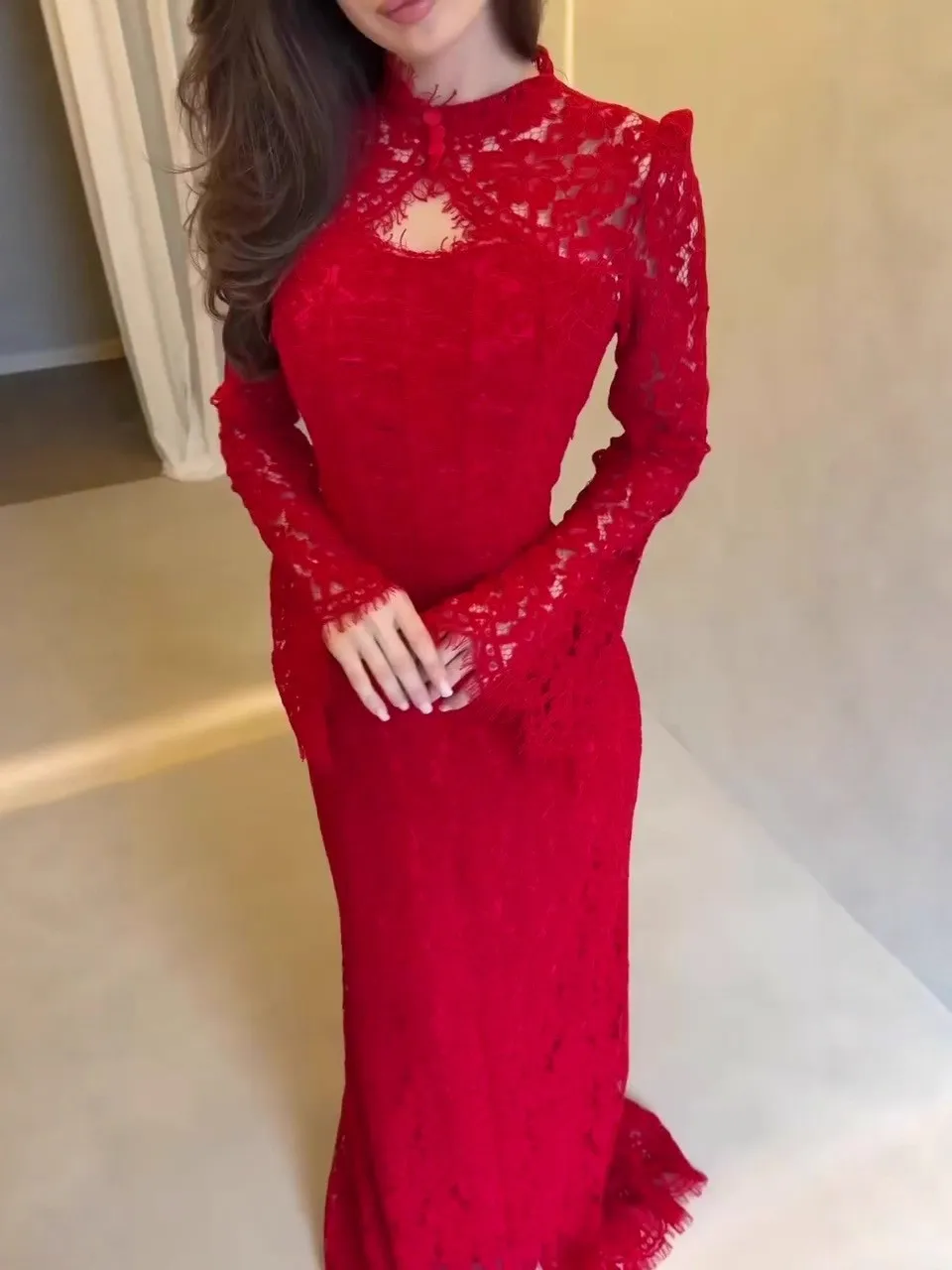 Crew Neck Long Sleeve Gown Fitted Cut with High Waist Bell Sleeve Mermaid Silhouette Socialite Style Evening Dress for Women