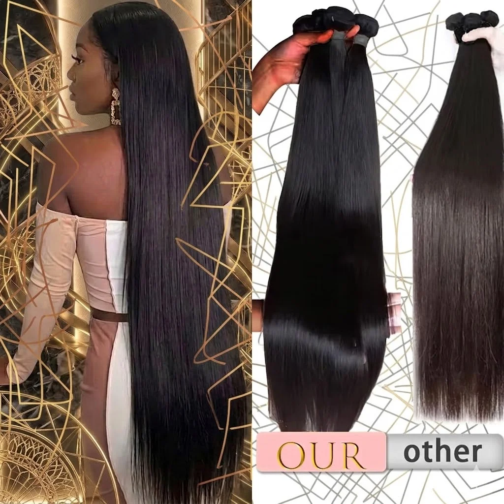 

14A Raw Hair Bundles 30 40 Inch Bone Straight Brazilian Human Hair Bundles Tissage Double Weft Extensions Black Color For Women