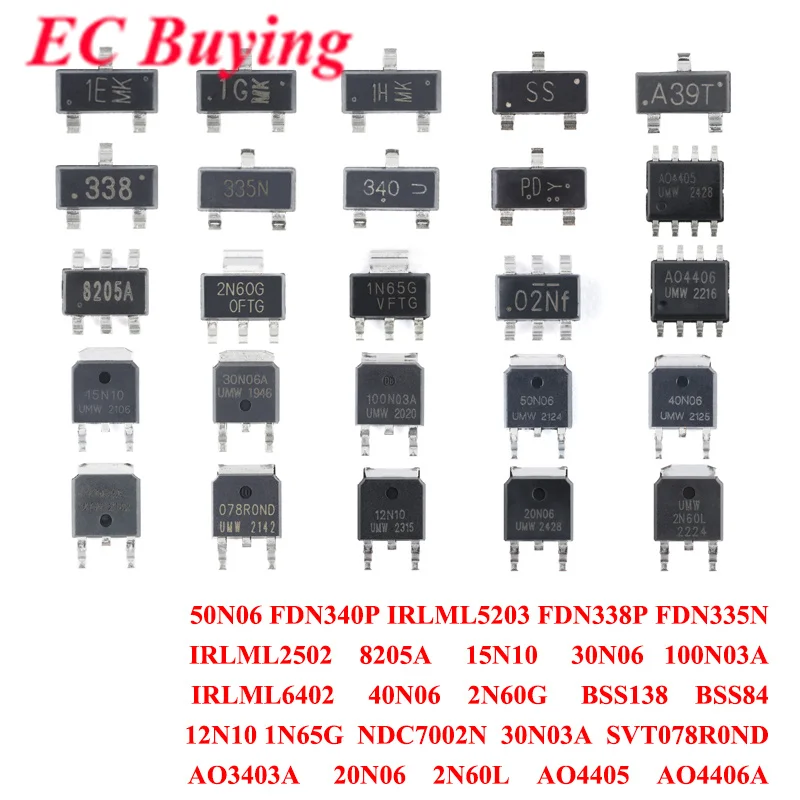 100Pcs/10pcs 30N03A IRLML2502 IRLML5203 FDN338P FDN335N FDN340P 8205A 12N10 15N10 30N06 100N03A 50N06 40N06 2N60G BSS138 BSS84