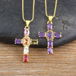 AIBEF Cross Rhinestone Pendant Necklace Copper CZ Religion Colorful Inlay Crystal Jewelry Accessory INS Popular Romantic Gift
