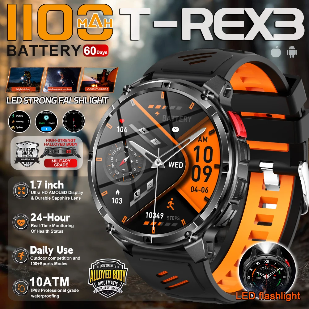 

2026 New GPS Military 1100mAh Smart Surveillance Battery 1.7" AMOLED Screen Compass LED Flashlight 10ATM Swimming Smartwatch Men
