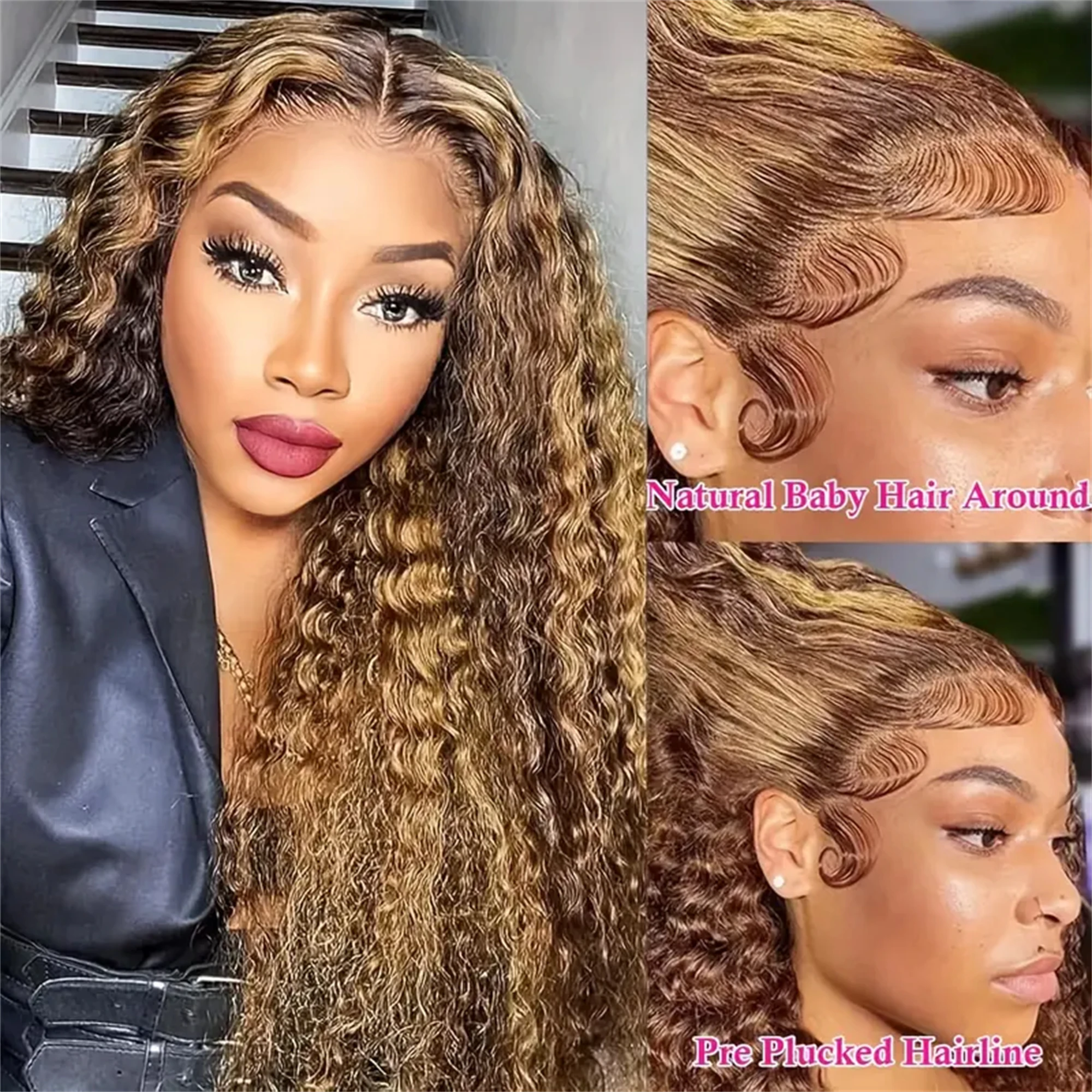 200 Density Highlight Ombre 4/27 Loose Water Wave Wig Human Hair 13x4 13x6 HD Transparent Lace Closure Curly Highlight Wigs