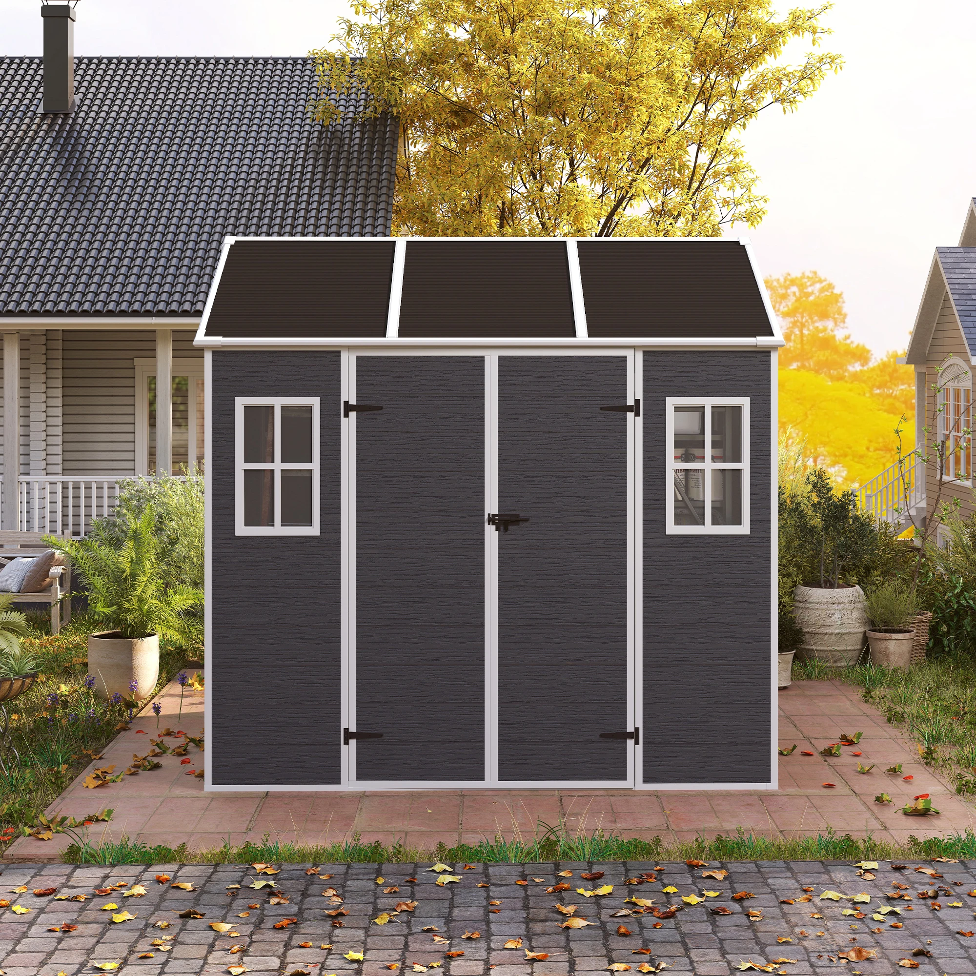 

8x7ft outdoor resin shed, double door, 2 windows, plastic floor, dark gray, garden storage (Dark Gray + Polypropylene)