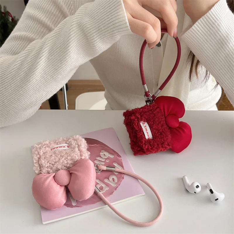 Cute Bow Plush Earphone Case For Apple Airpods 4 3 2 Cover with Hand Strap Kawaii Fluffy Headphone Charging Cases For Airpod Pro