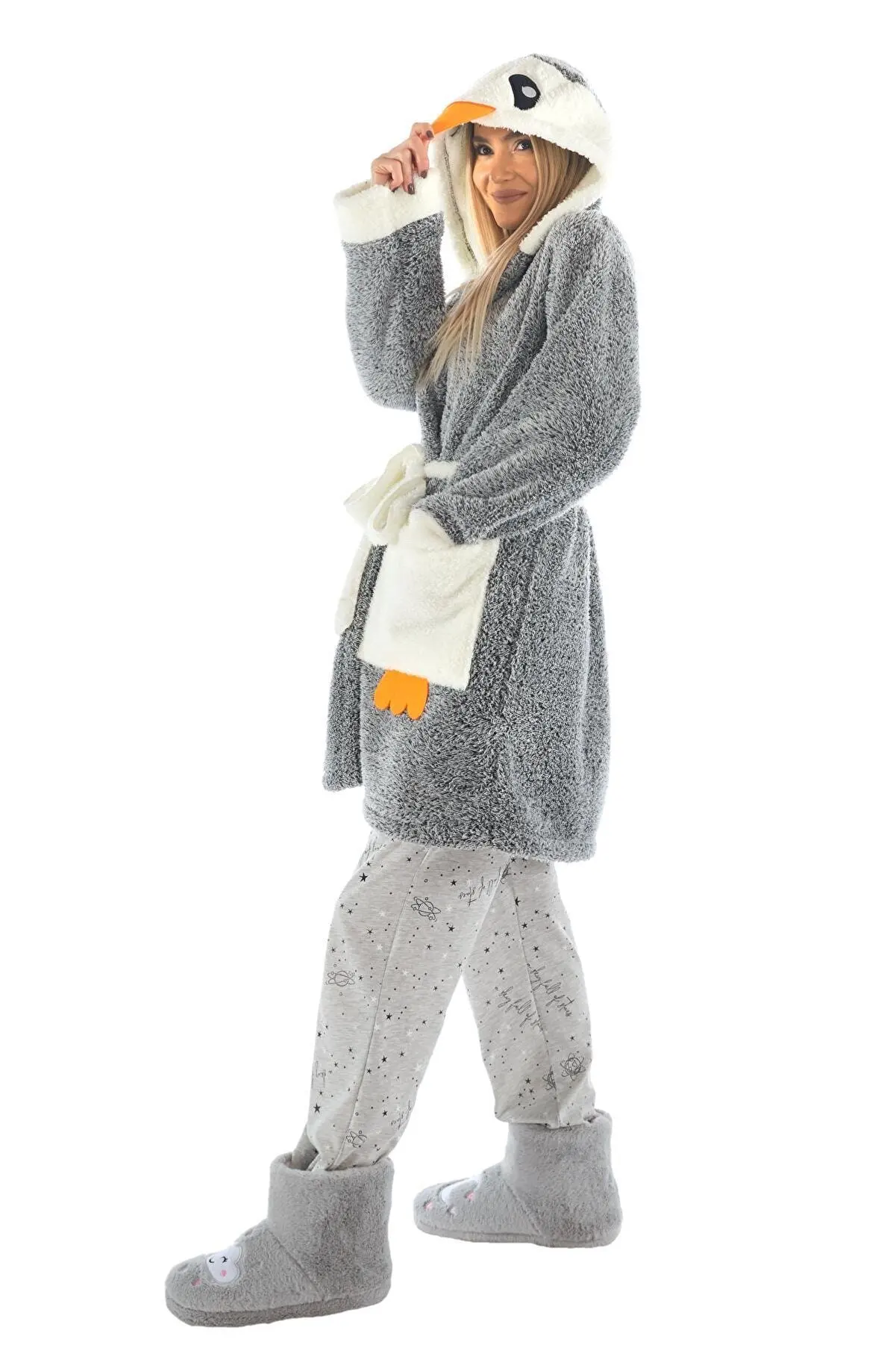 Women's Gray Penguin Embroidered Hooded Wellsoft Plush Dressing Gown Comfortable Wear,Daily Home Wear,Cute Model New SEASON