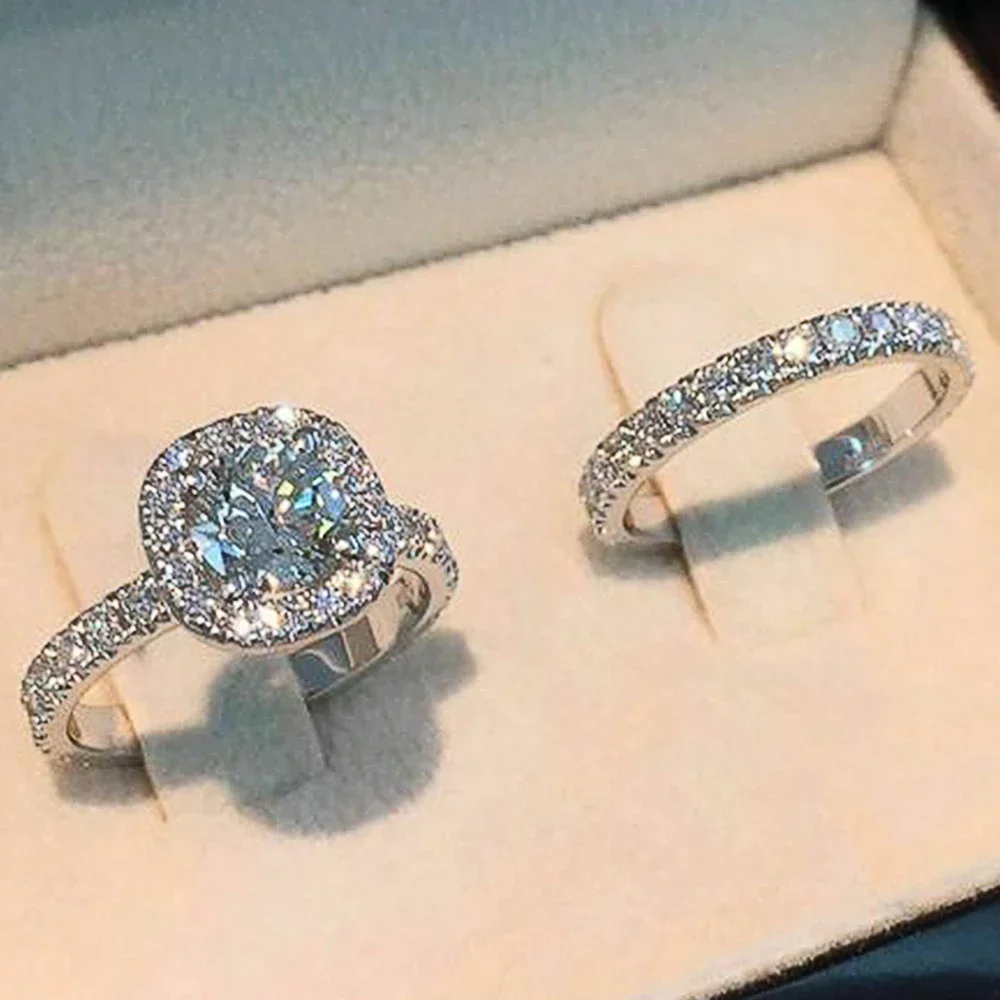 Huitan gorąca sprzedaż proste eleganckie okrągłe/kwadratowe pierścionki CZ dla kobiet kolor srebrny zaręczyny wesele moda damska pierścionek biżuteria — zdjęcie 2