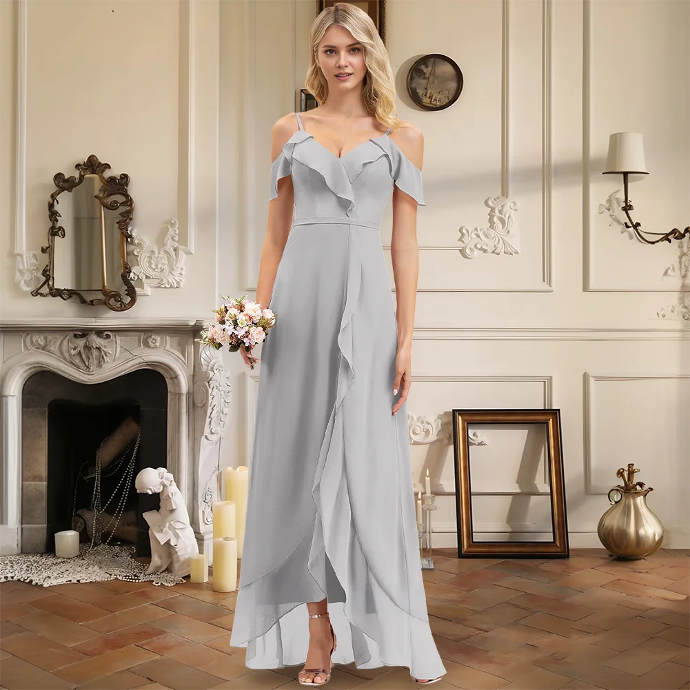 

Luxury Bridesmaid Dresses A-Line V-Neck Asymmetrical Chiffon Cascading Ruffles Wedding Guest Evening Party Cocktail Dress Women