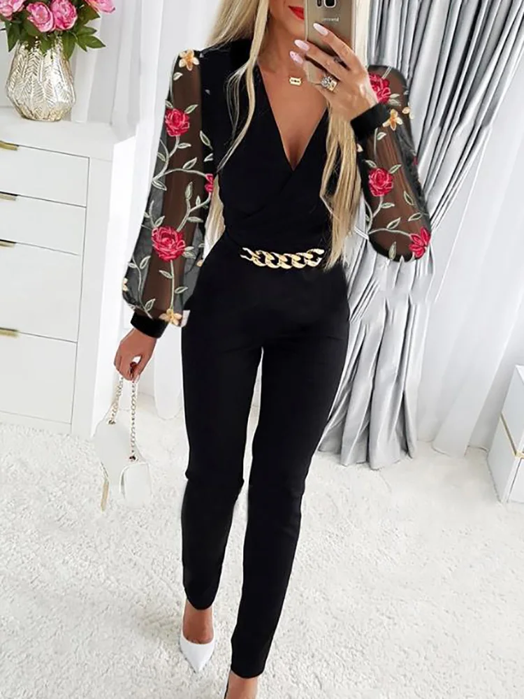 

2024 Summer Women Slim Black Jumpsuits Office Lady Chic High Waist Print Romper V Neck Long Sleeve Patchwork Chain Pants Overall