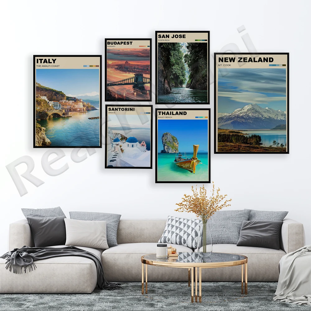 Budapest, Prague Czech Republic, Greece, Amalfi Coast, Mount Cook New Zealand, Lisbon, Railay Beach Thailand World Travel Poster