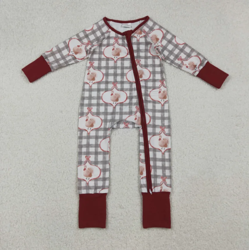 

Newborn Kids LR2691 Turky Plaid Print Baby Girls Thanksgiving Zipper Sleeper Romper