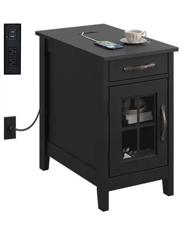 End Table with Charging Station, Narrow Side Table for Living Room, Farmhouse Night Stand with Storage, Small Wooden Cabinet Nightstand with USB Ports and Outlets, 23.62" D x 13.78" W x 23.62" H