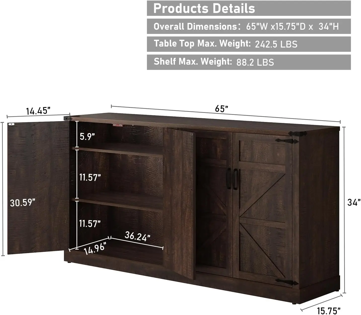 65 Inch Sideboard Buffet Cabinet With Storage, Farmhouse Kitchen Pantries Sideboard Cabinets With Adjustable Shelves, Wooden Coffee Bar Cabinet Buffet Table for Kitchen, Dining Room, Brown