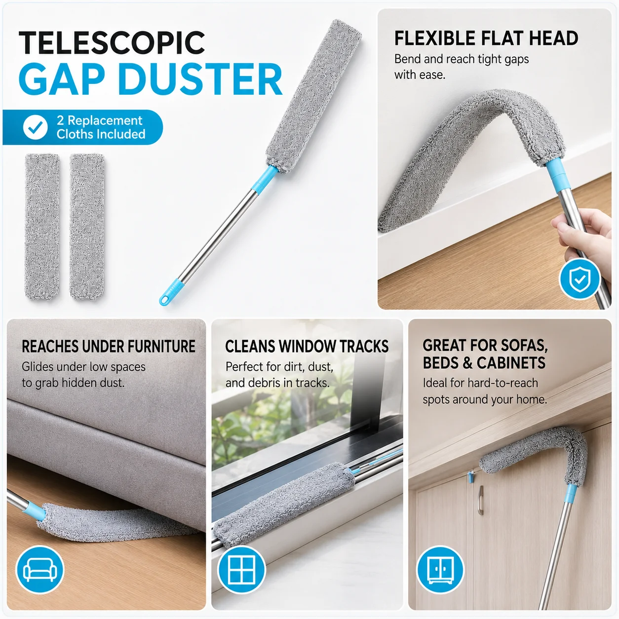 

Retractable Gap Dust Cleaner Under Appliance Microfiber Duster Dust Brush With Extension Pole (36 To 49 Inches) Cleaning Duster For Bed High Ceilings Furniture Bottom Household Gap Duster Gray