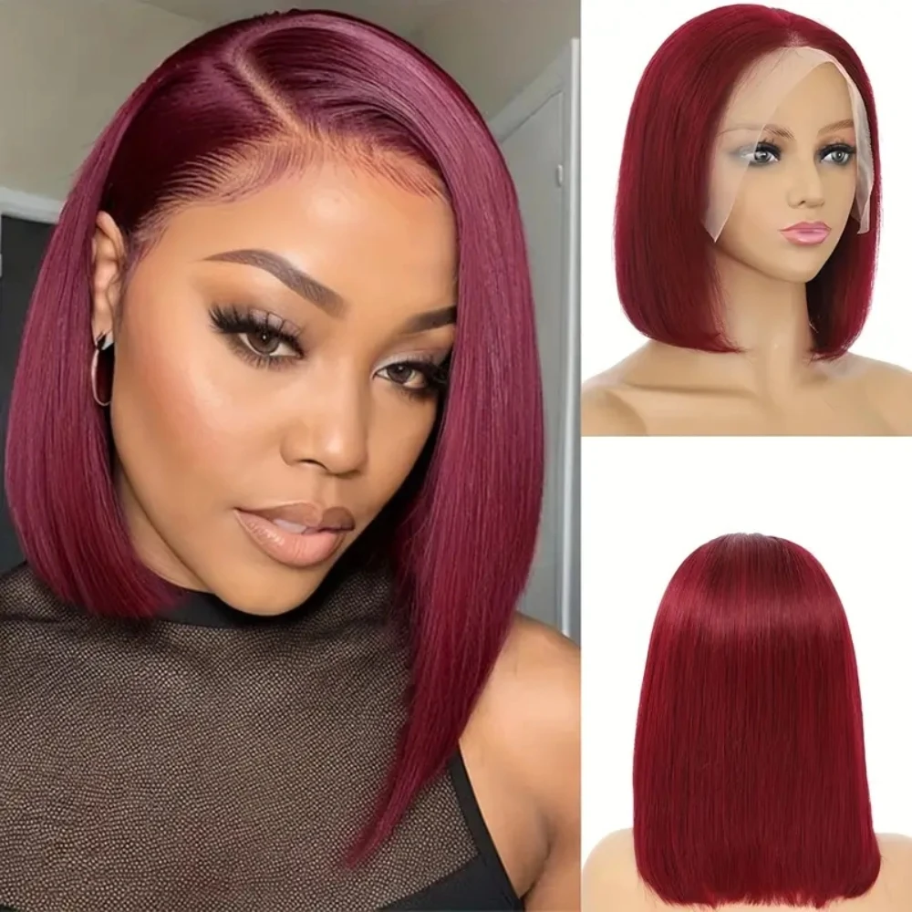 Perruque Bob Lace Wig Brésilienne Naturelle, Cheveux Courts et Lisses, 13x4, 99J, Bordeaux, HD, Pre-Plucked, Densité 150%