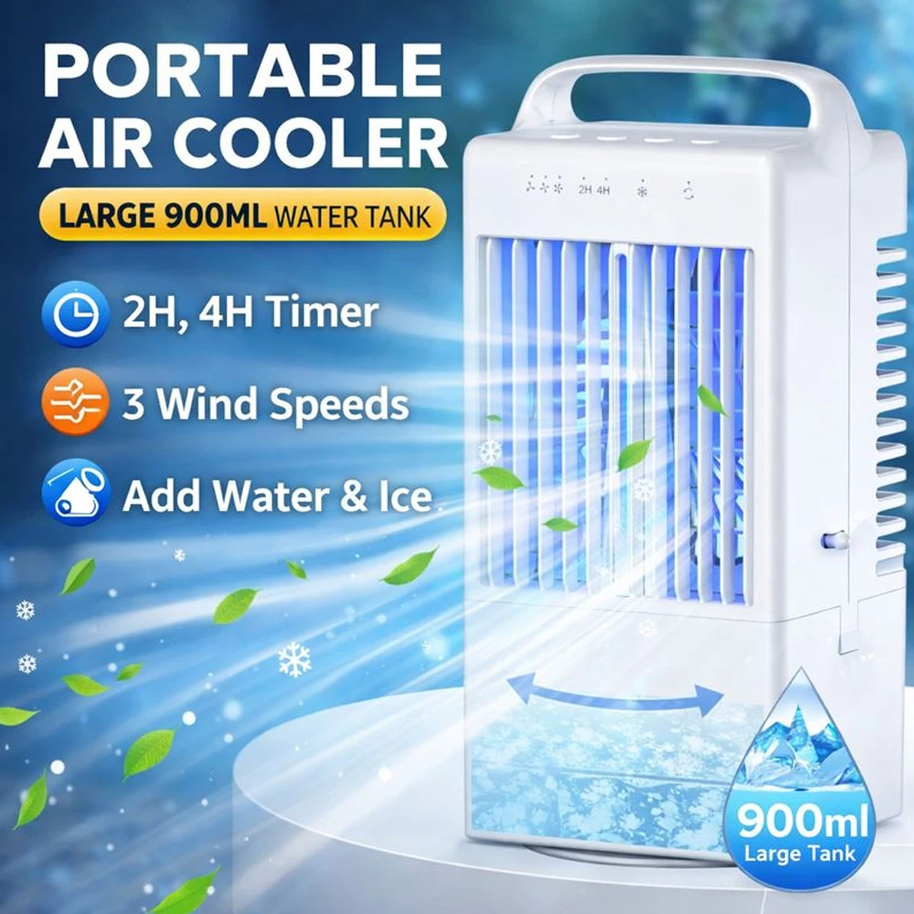 

Портативный испарительный охладитель воздуха YP2408 с функцией распыления, резервуаром на 900 мл, 3 скоростями, таймером на 2/4 часа, автоматической вибрацией, питанием от USB DC5V