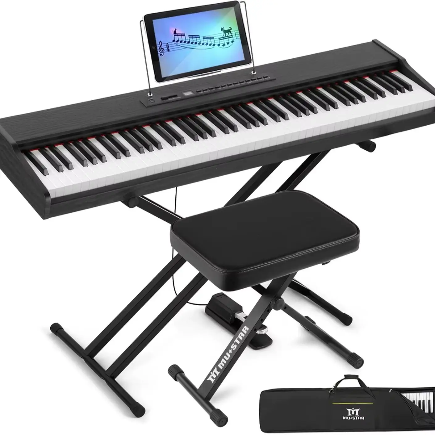 JOYLDIAS 88 Tasten E-Piano Set, Bluetooth Keyboard halbgewichtet, Tragbares Digitalpiano mit Tasche, Ständer & Bank, Schwarz
