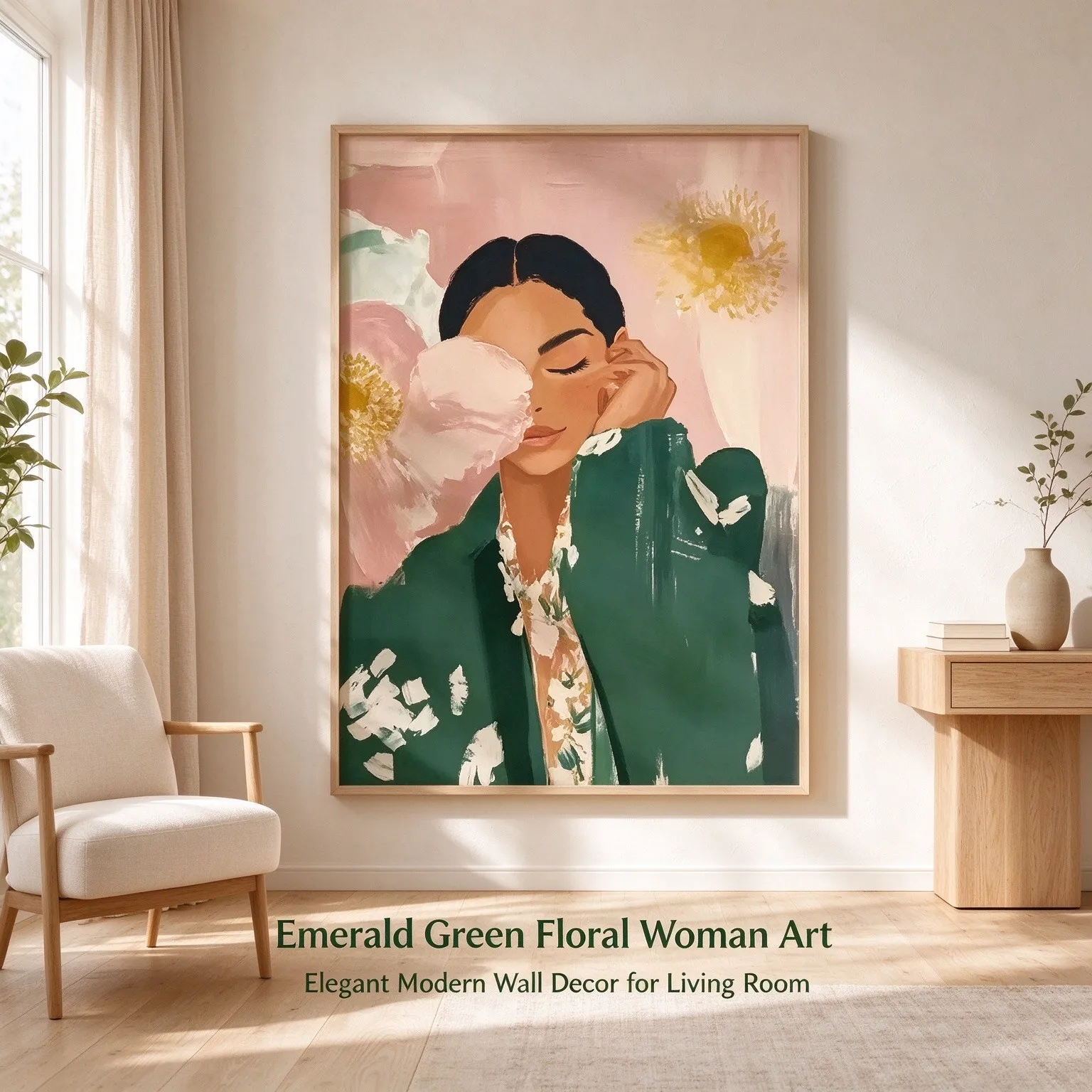 1pc Modern Female Portrait Canvas Painting Pink Flower Green Coat Wall Art Elegant Woman Poster for Bedroom Living Room Unframed