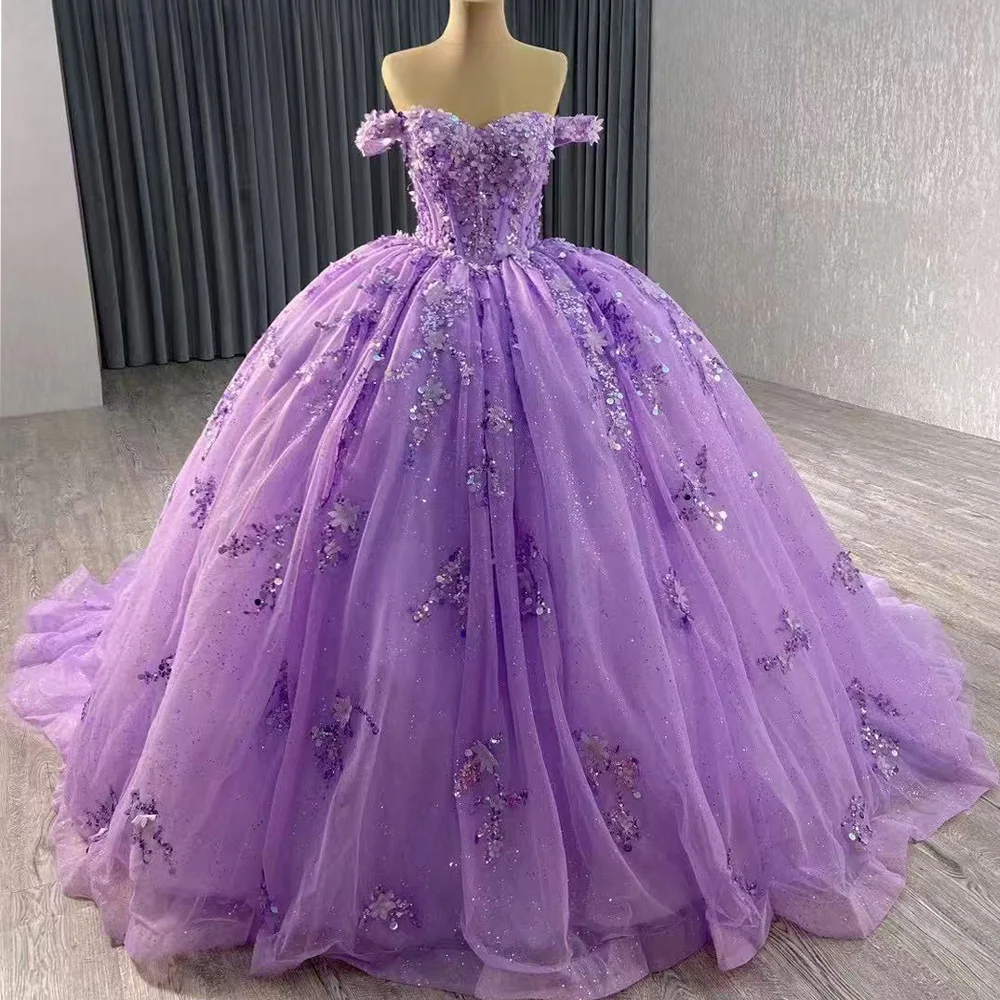 

Vestidos De 15, с открытыми плечами, милыми аппликациями, расшитыми блестками, на шнуровке сзади, фиолетовые платья для роскошной вечеринки