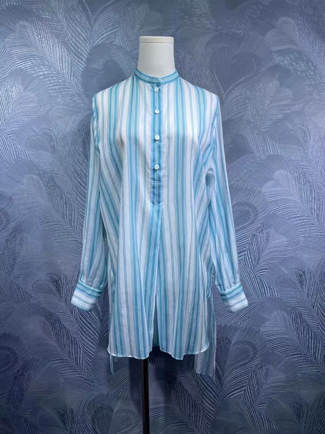 

Women's summer stand collar cotton striped long sleeve shirt
