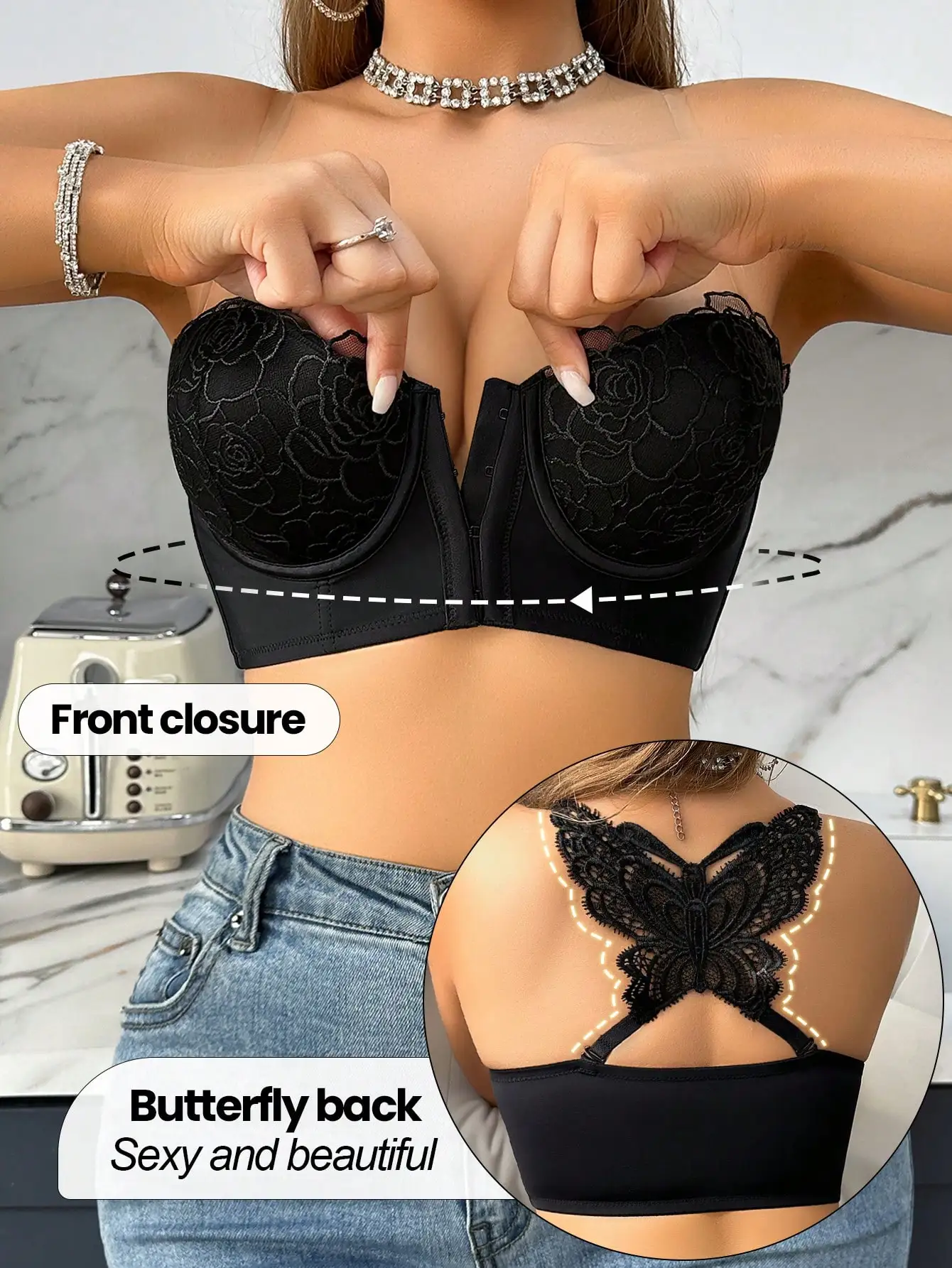 Women\'s black lace front button bra, underwire push-up, sexy back bra, suitable for all seasons