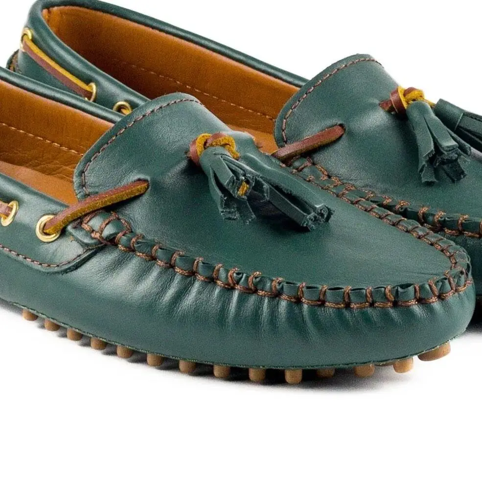 Genuine Leather Green Delight Loafers Women\'s Shoes Flat Crampon Sole Pompom Fancy Drawstring Slip-on Girl Drivers Free Shipping