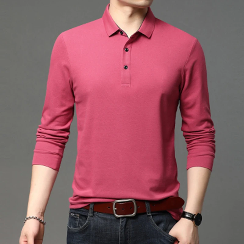 New Polo Shirt Men Business Casual Solid Color Polo Shirts Mens Long Sleeve Breathable Slim Turn Down Collar Polo Tees Tops Men