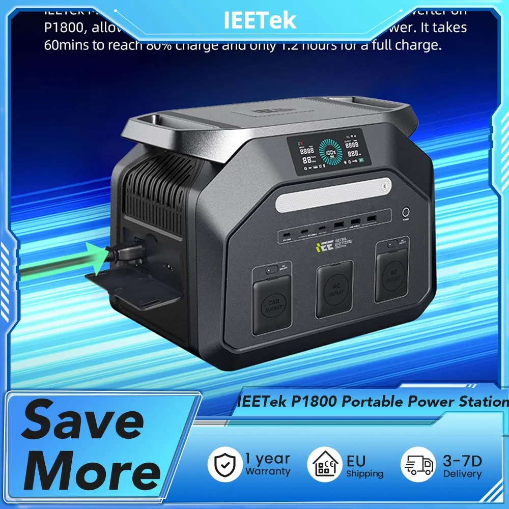 Station d'alimentation portable IEETek P1800, prise CA à onde sinusoïdale pure 1800W, surtension 3600W, batterie LiFePO4 de qualité EV avec plus de 4000 cycles, recharge CA ultra-rapide en 1,2h, entrée solaire MPPT 500W, alimentation de secours EPS 10ms pour la maison et l'extérieur