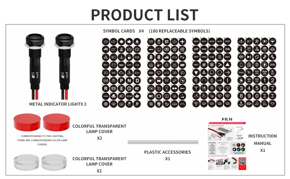 FILN 8mm Symbol-LED-Anzeigeleuchte 12V 24V Schwarze Metall-Anzeigeleuchte mit Kabel für Auto-Armaturenbrett und Maschinen – Detail 2