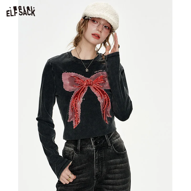 

ELFSACK 2024 Winter New Arrivals Bowknot Sequin Embroidery Slim Fit Long Sleeve T-shirt Women Hot Girl Sweet Cool Top