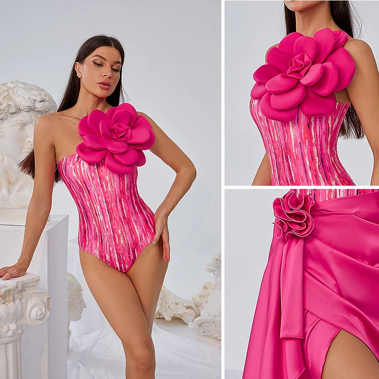 2024 Vintage handmade 3D Flower Women's One Piece Swimsuit and Skirt  Swimwear Set Women Beachwear Luxury Bathing Suit tankini