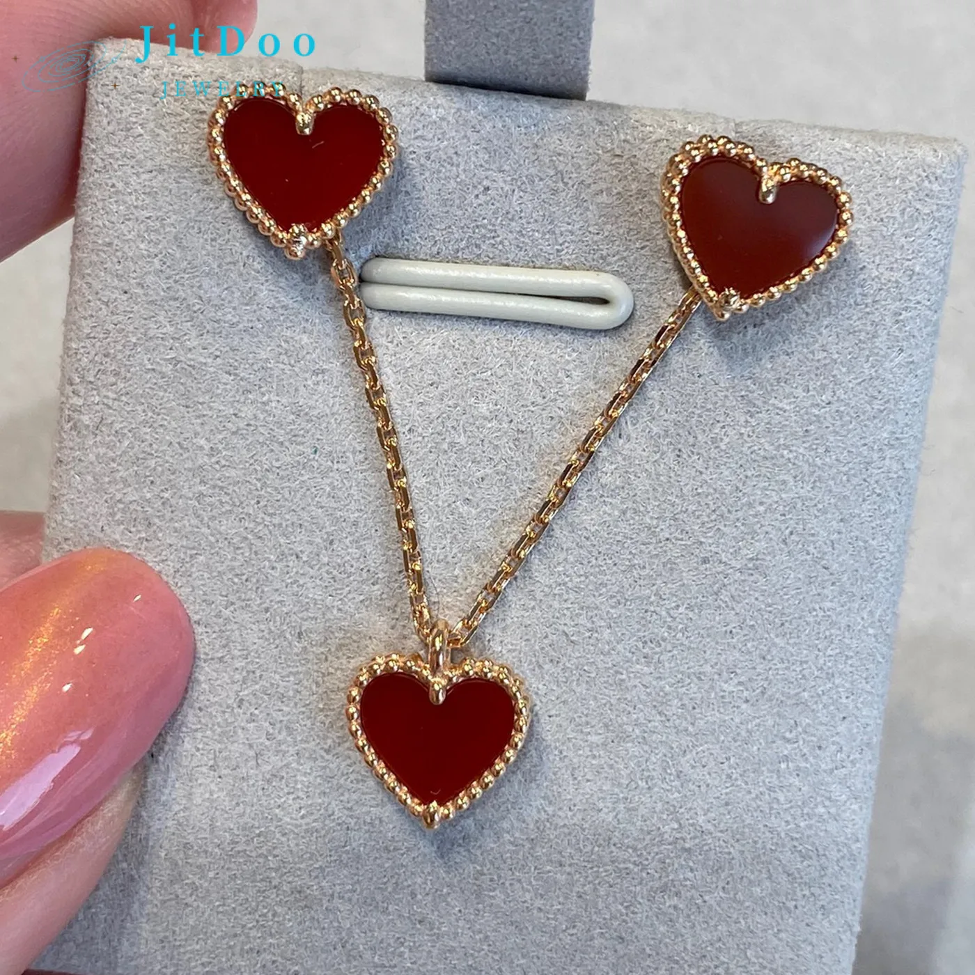 JitDoo Conjunto de joyería fina para mujer y niña, pendientes de corazón rojo, Ágata Natural de lujo, collar, pulsera, oro en V, calidad de 18K, regalo