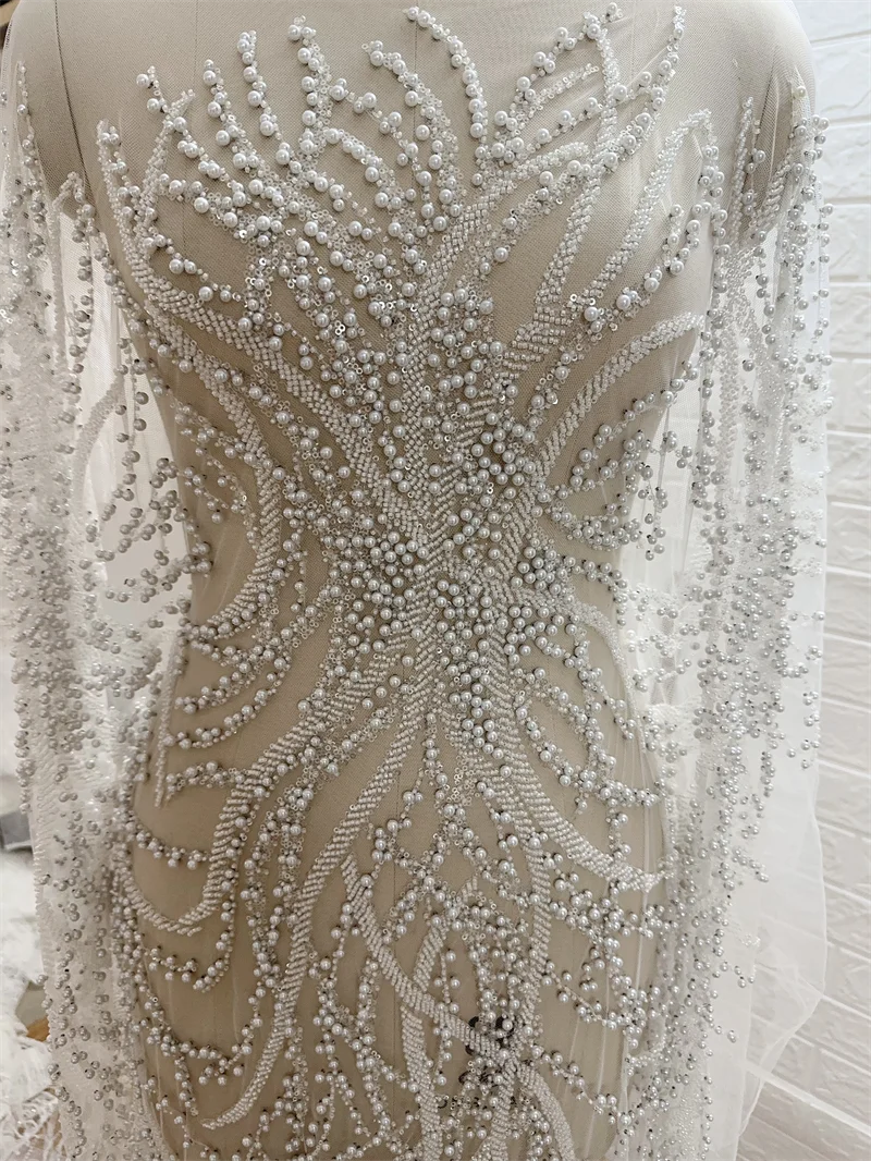 

Unique Top Quality Heavy Rich Pearls Beads Off White Wedding Gown Dress Lace Fabric Sell By 1 Yard