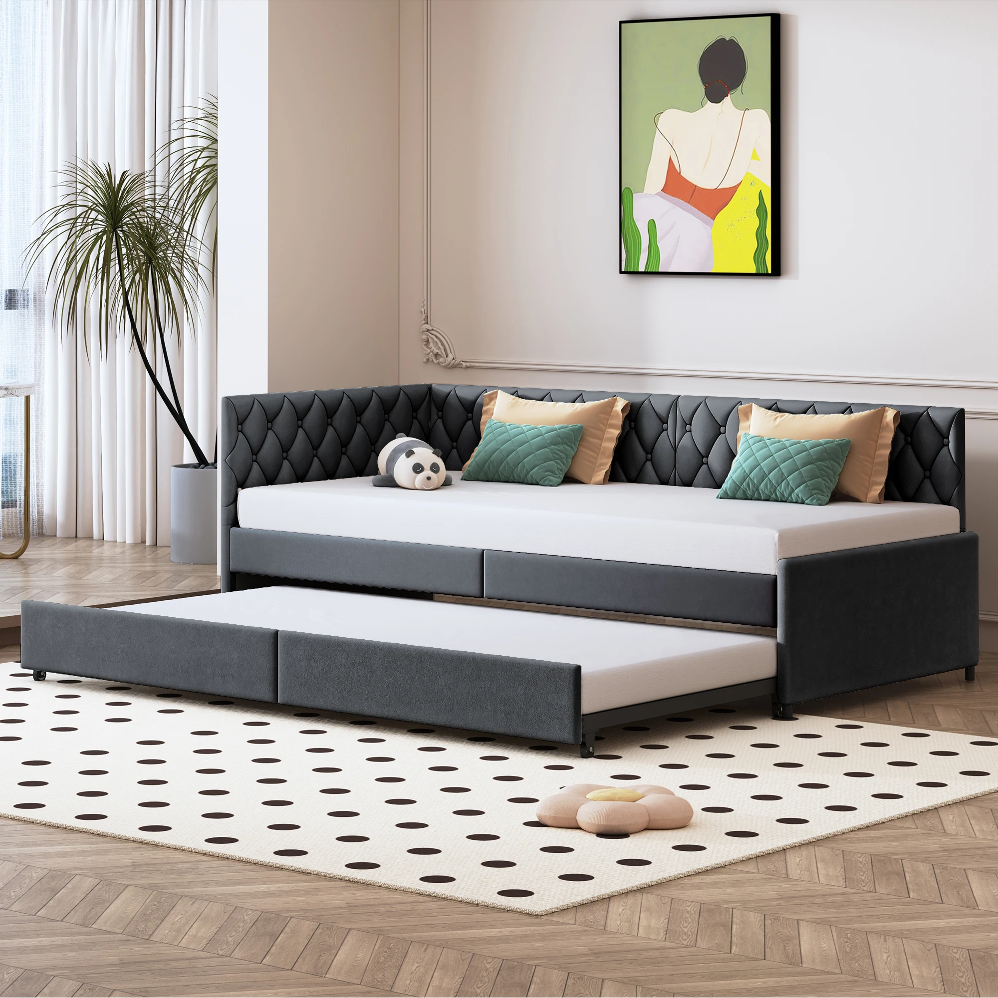 Rosahqnda gepolstertes Tagesbett 90 x 200 cm mit ausziehbarem Bett, Einzelbett, Schlafsofa, Tagesbettgestell mit Lattenrost