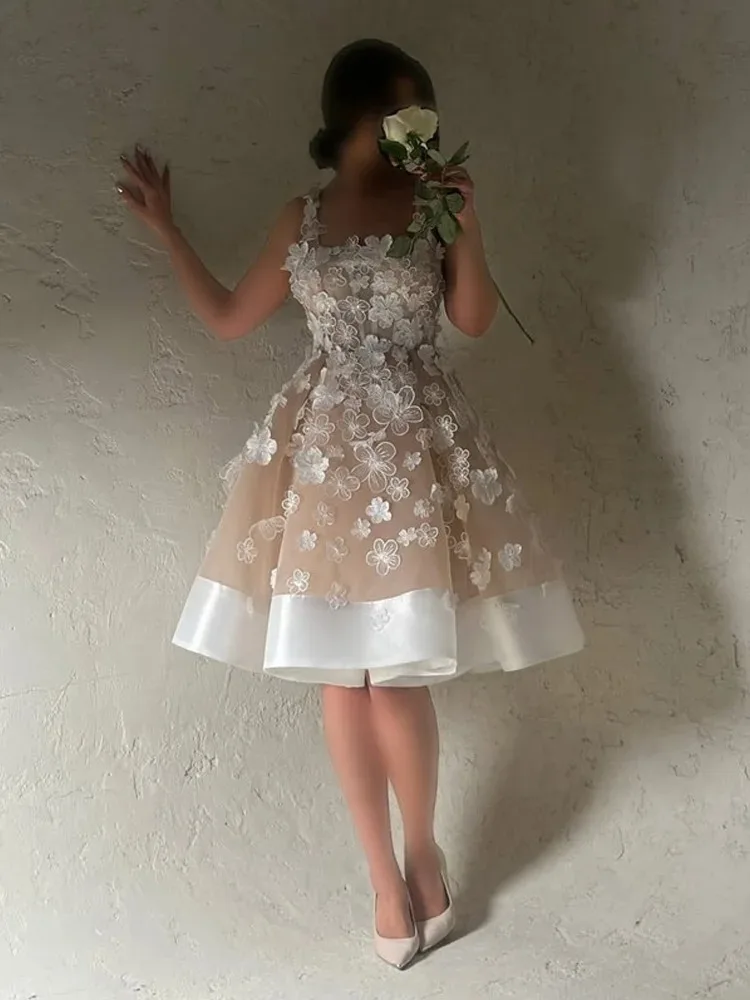 Шампанское 3D кружевные цветы свадебные платья квадратный воротник на тонких бретельках длиной до колена свадебное платье Vestido de novia по индивидуальному заказу