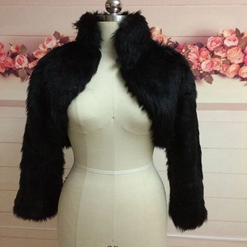 Moda ślubna Bolero czarna kość słoniowa płaszcz ze sztucznego futra Bridal Wrap bluza z długim rękawem szal Cape Stole sztuczne futro druhny Cape — zdjęcie 2