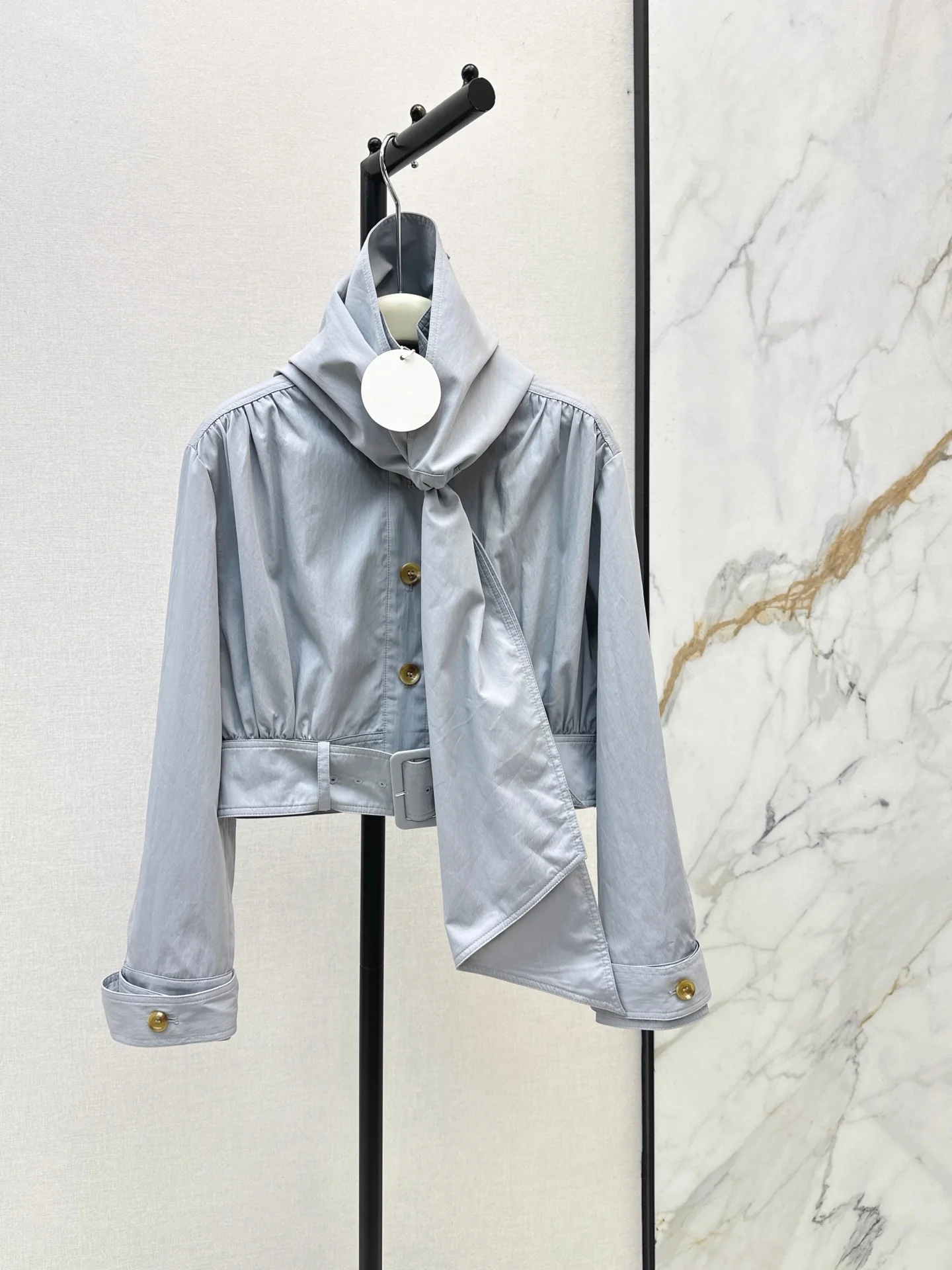 2026 Women Jacket Cropped Stand Collar Outerwear Doll Silhouette Sash Detail Custom Dyed Blue Plain Fabric