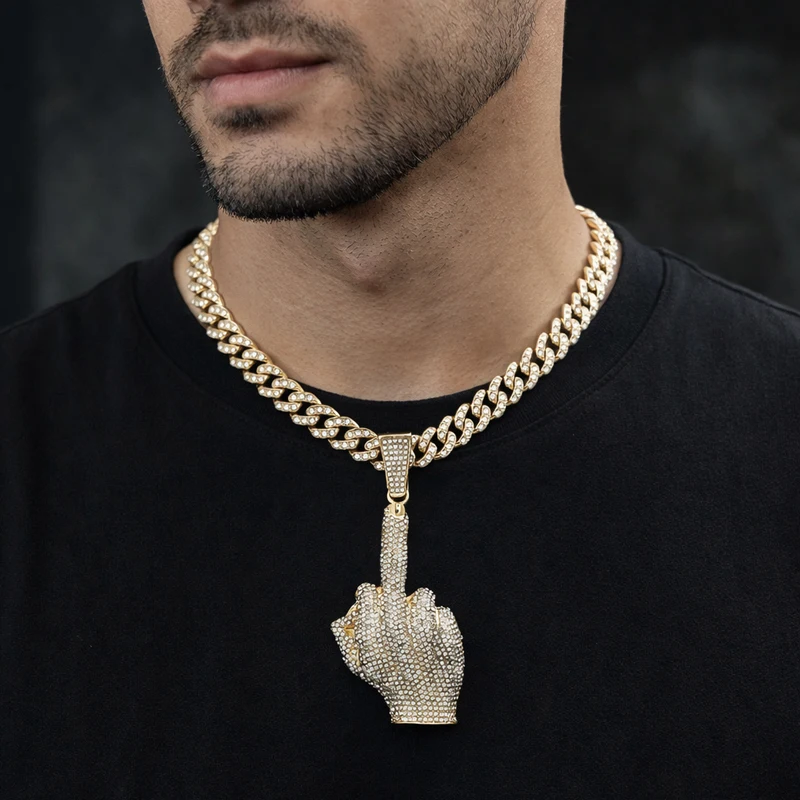 Hip Hop Big Polite Gesture Middle Finger Pendant Necklace with 11mm Crystal Cuban Chain HipHop Iced Out Necklaces Men Women