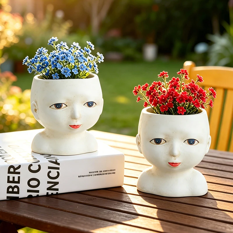 Artistic Girl Bust Resin Flower Pot Face Succulent Planter Container for Home Desk Balcony Patio Indoor Table Decor Ornament