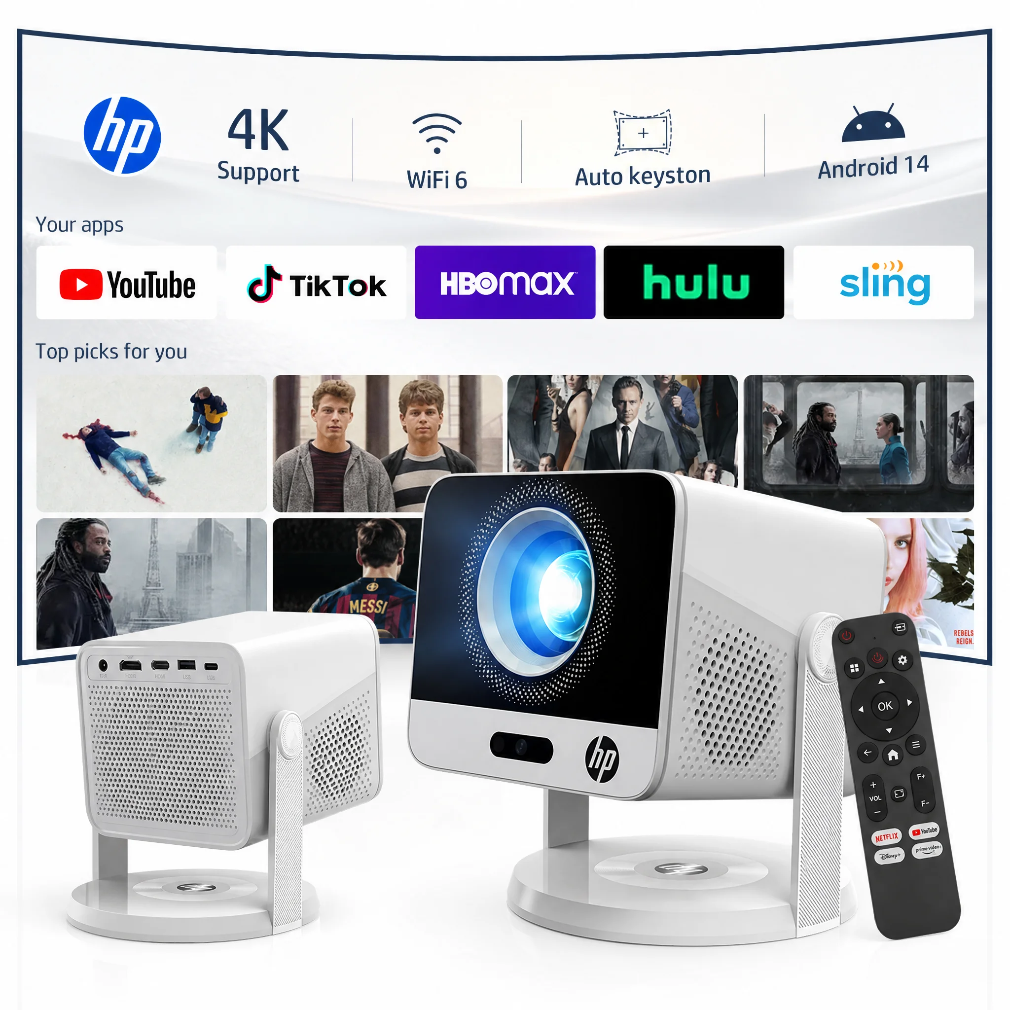 Mini-projecteurs HP 4K pour cinéma maison avec Wi-Fi et Bluetooth, MC425, cinéma maison, parfait pour films, animés, courses, jeux, séries TV, intelligent, chambre à coucher, petit format, best-seller